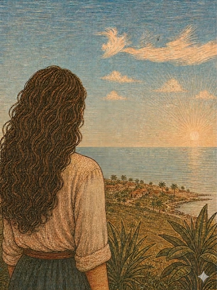Julie, em xilogravura, olhando o pôr do sol em Jacumã